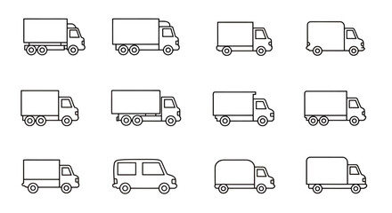 A diverse collection of minimalist line art vector icons showcasing different types of delivery trucks and cargo vans for modern transportation and logistics.