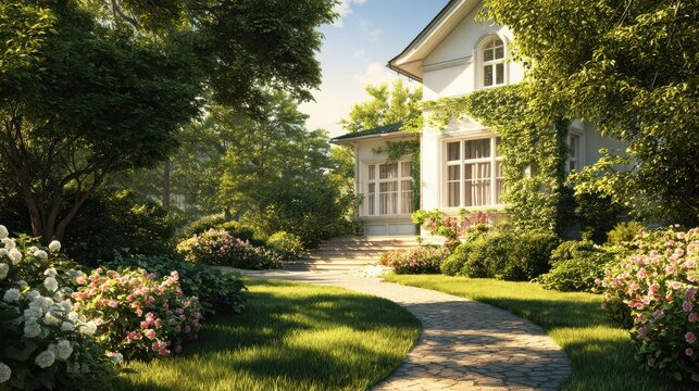 bright summer day in green garden of elegant suburban home no logos no brands ar 169