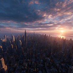 Drone View of City at Sunrise	