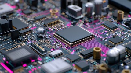 Circuit board close-up, intricate design, futuristic tech. Stock photo