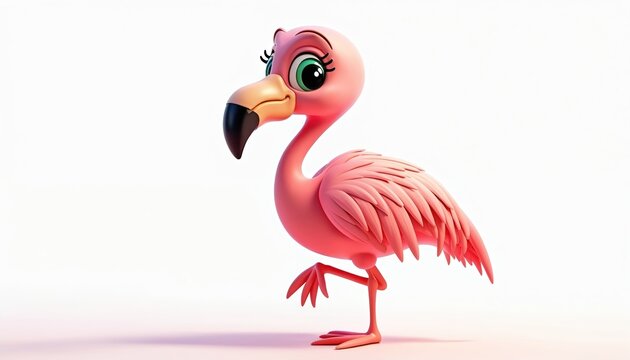 Cute 3D cartoon flamingo illustration. Stylized pink bird character with big eyes and beak. Adorable, funny, humorous digital artwork on white background. Perfect for kids, parties, and summer themes.