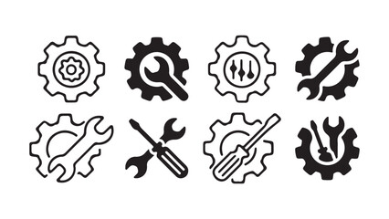 Gear icon set. black cogwheel vector collection, mechanical gear shapes, minimal maintenance, settings, repair symbols, Gear design collection. Victor illustration eps10
