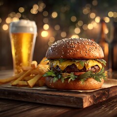 Gourmet Burger with Fries and Beer