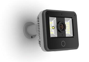 Fototapeta premium Modern outdoor security camera with infrared illumination and led lights, isolated on white background
