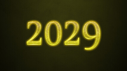 Neon glowing yellow number of 2029 on dark background.