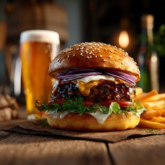 Gourmet Burger with Fries and Beer