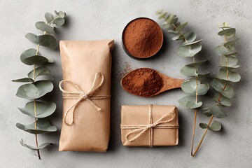 Natural beauty secrets revealed organic cocoa powder and eucalyptus elegantly presented for wellness and spa promotions