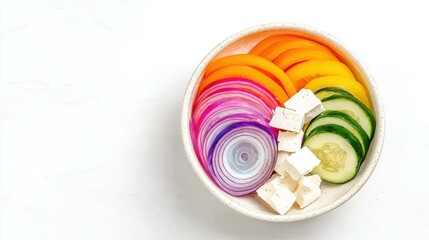 Colorful salad featuring feta in bowl, ideal for culinary promotions and diet visuals