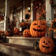 Halloween Pumpkins on Porch	