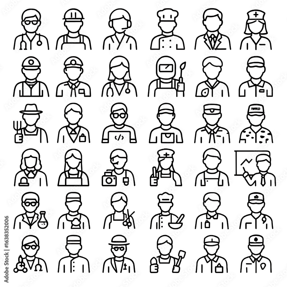 Poster a set of simple outline icons representing various workers and professions, including a doctor and a