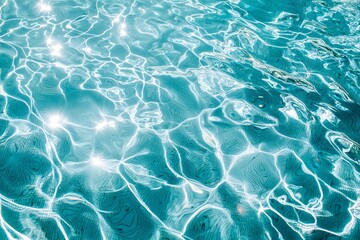 Obraz premium Close-up overhead view of clear blue swimming pool water with ripples, reflections, and sunlight patterns.