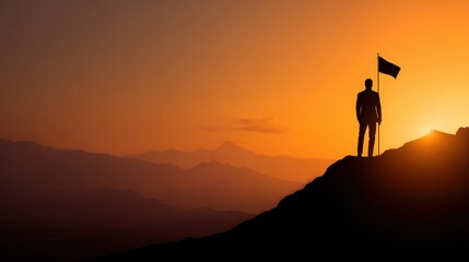 business success leadership achievement and people concept  silhouette of businessman with flag on mountain top over sunset background no logos no brands ar 169