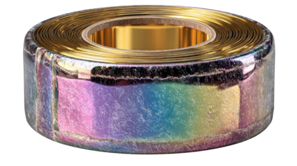 Iridescent Tape Roll: A close-up shot of a rolled tape with a beautiful iridescent effect, offering a spectrum of colors and textures.