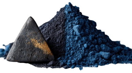 Geometric Contrast: A striking composition featuring a dark, triangular object juxtaposed with contrasting piles of vibrant powders, offering a visually intriguing exploration of form and color.