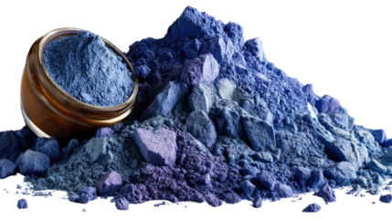 Blue eyeshadow texture: Captivating close-up of a scattered assortment of eyeshadow pigments, offering a vibrant display of cosmetic beauty, each hue whispering of elegance and allure.