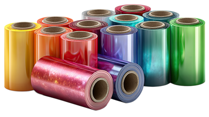 Vibrant Wraps: A diverse array of colorful plastic wrap rolls, each radiating a distinct hue, are artfully displayed. This vivid assortment of cellophane presents a captivating spectrum of hues.