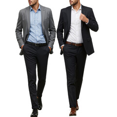 Two confident businessmen in stylish suits walking together, representing corporate partnership and success.