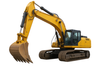 Heavy-duty yellow excavator with a large bucket and tracked undercarriage, ready for construction and demolition tasks