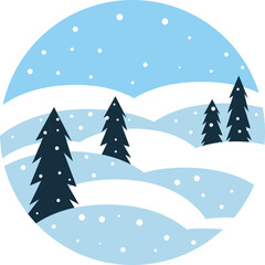 Serene winter landscape vector illustration in a round frame with snow covered hills frosty evergreen pine trees falling snowflakes and a beautiful blue sky perfect for holiday seasonal design