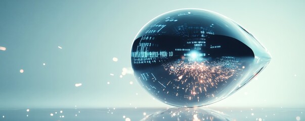 A futuristic glossy sphere displaying data and sparkling particles in space