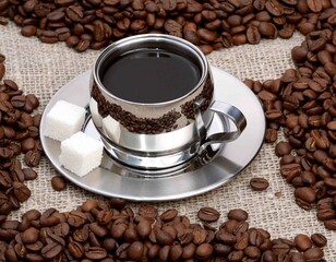 Aromatic Brew and Roasted Beans: A close-up shot reveals a silver coffee cup filled to the brim with rich, dark coffee, accompanied by two cubes of refined sugar.