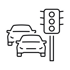 Traffic light icon with adjacent cars representing urban transportation and traffic management in a city setting