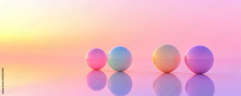 Poster four colorful spherical shapes with reflections on a surface are shown