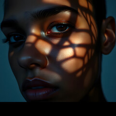 Close-up portrait of a face bathed in dramatic light, with intricate shadows creating abstract patterns across the skin, highlighting the eye, lips, and natural textures.
