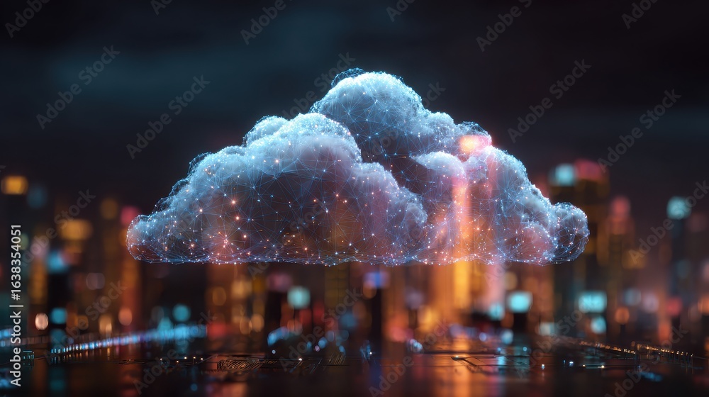 Poster creative glowing cloud hologram on illuminated night city backdrop cloud computing and database conc