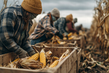 Farmers harvest corn from the fields
