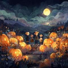 A drawn picture of children with pumpkin getting ready for Halloween. 