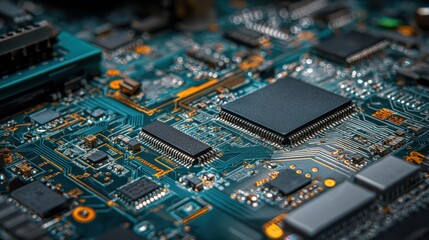 Obraz premium Circuit board close-up, technology detail, electronic components. Possible use Stock photo