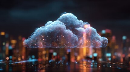 creative glowing cloud hologram on illuminated night city backdrop cloud computing and database concept double exposure no logos no brands ar 169