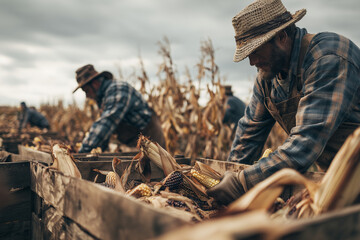 Farmers in flannel shirts and straw hats harvest corn in a field, placing colorful ears into wooden crates on a cloudy autumn day.