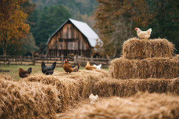Farmyard with chickens and a bale of straw