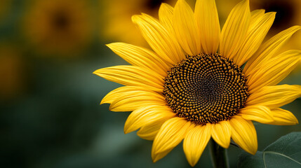 Obraz premium Close up shot of a bright yellow sunflower with a dark center against a blurred green background