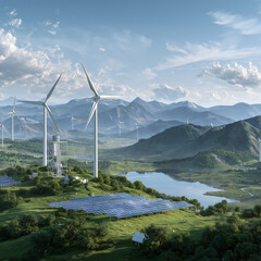 Wind power station with beautiful nature in the background