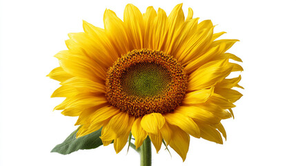 Fototapeta premium A close up of a bright yellow sunflower with a green center and stem on a white background