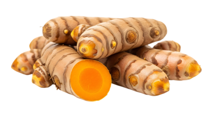 Pile of fresh turmeric roots isolated on transparent background, a vibrant spice used in cooking and traditional medicine, known for its health benefits and distinctive flavor