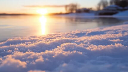 Tranquil winter lake with glittering snow under dusk sky for environmental calendars