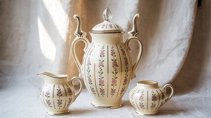 Cream ceramic tea set with pink floral pattern and gold trim vintage