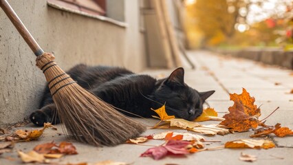 Halloween Witch Cat Decor Concept A black cat resting among autumn leaves next to a broom in a cozy outdoor setting.