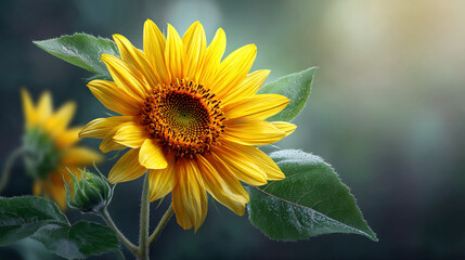 Close up of a vibrant sunflower with green leaves against a blurred background in soft light