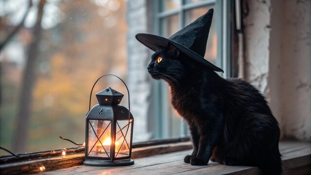 Halloween Witch Cat Decor Concept A black cat in a witch hat sits by a window, illuminated by a lantern's warm glow.