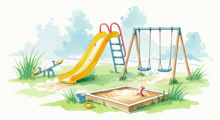 Create a water colour illustration of play ground on white 