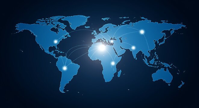 Global network connections are illustrated by a world map depicting international digital communication
