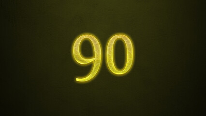 Neon glowing yellow number of 90 on dark background.