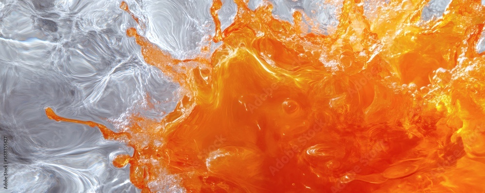 Poster an abstract image showing orange fluid splashing into a clear liquid