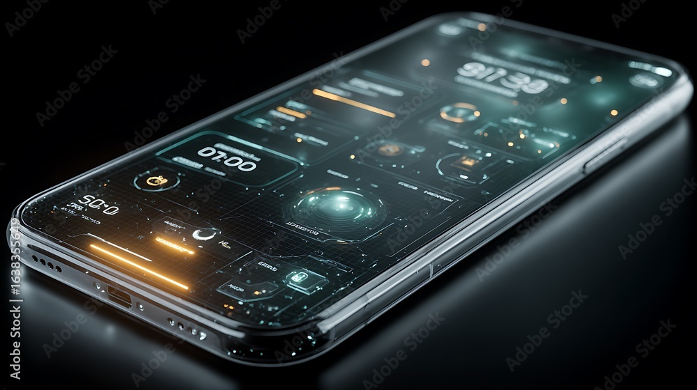 Poster futuristic smartphone interface displaying complex data and glowing elements