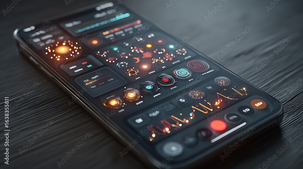 Poster futuristic smartphone interface with glowing digital elements and abstract data visualizations